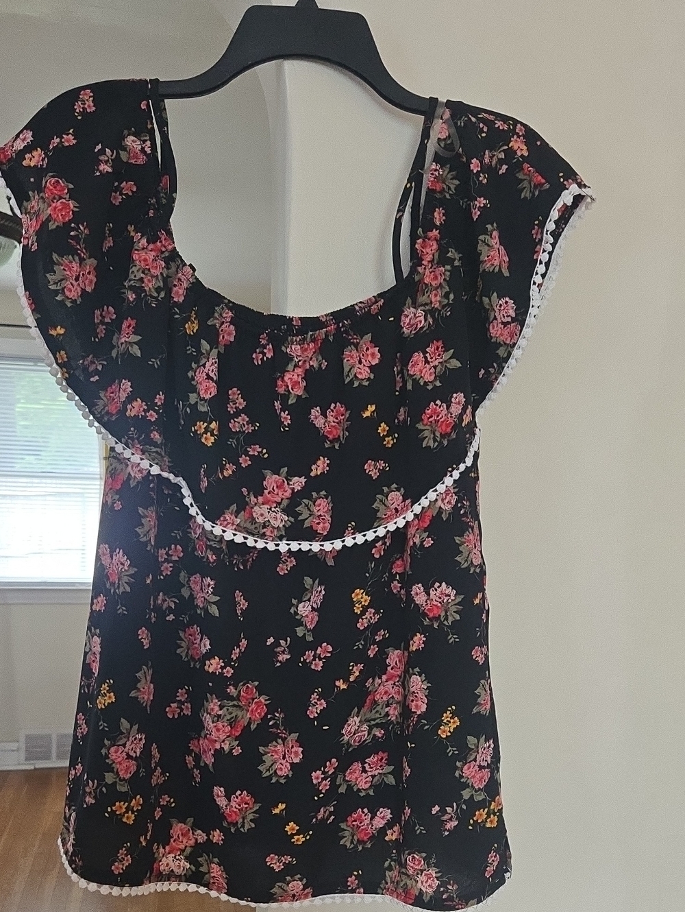 No Boundaries Black Floral Off-Shoulder Top with Pink & Yellow Blooms